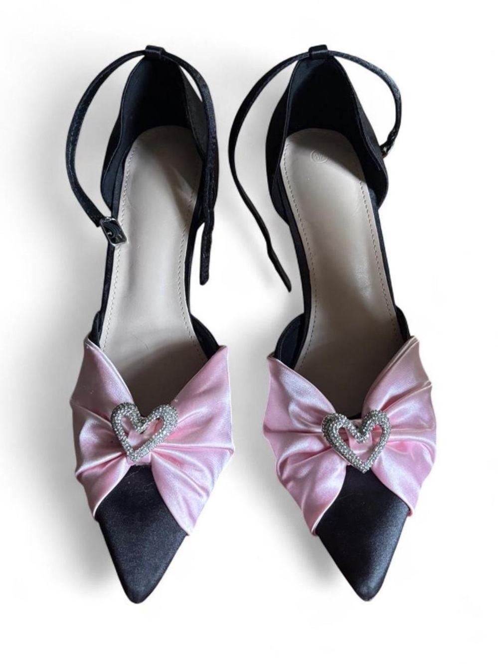 Elegant Pink Satin Heart-Embellished Pointed Toe Slingback Heels